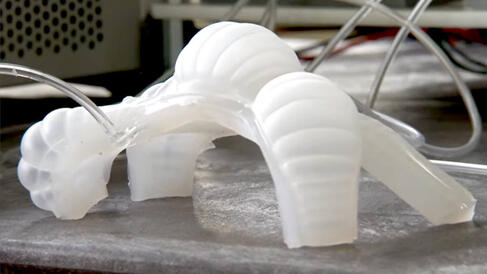 Soft white robot with hydraulic lines connecting to it