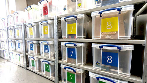 Shelving unit of really useful boxes