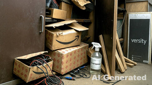 ai generated image of boxes, wires and chemicals spilling out of a cupboard
