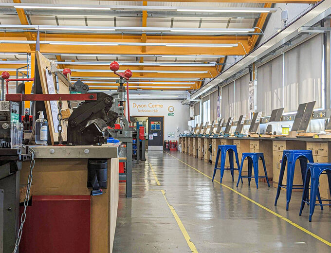 Dyson Centre Student Workshop, metal cutting machines and work benches