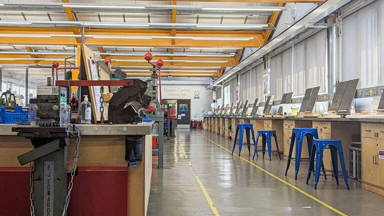 Dyson Centre Student Workshop, metal cutting machines and work benches